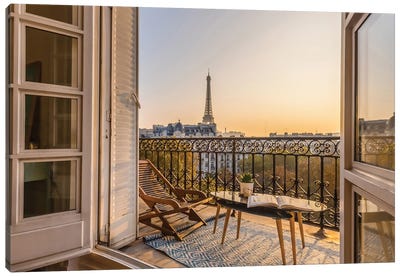 Paris Balcony With Eiffel Tower View Canvas Art Print - Karen Mandau