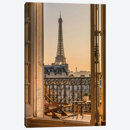 Paris Balcony With Eiffel Tower Canvas Print #KMD97} by Karen Mandau Canvas Print