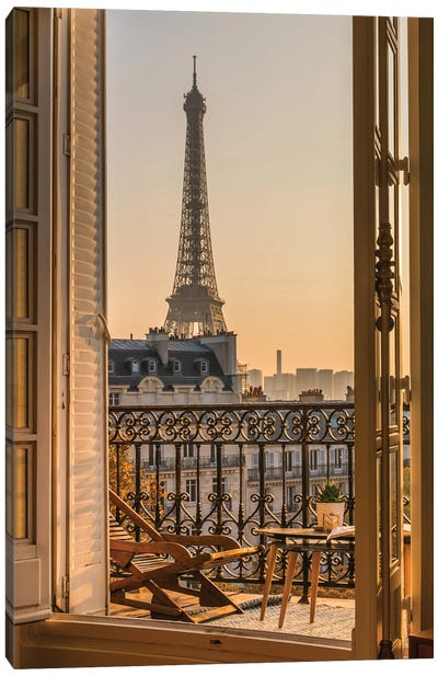 Paris Balcony With Eiffel Tower Canvas Art Print - Famous Architecture & Engineering
