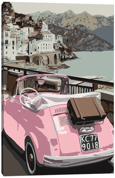 Pink Bug In Europe Canvas Art Print - Volkswagen