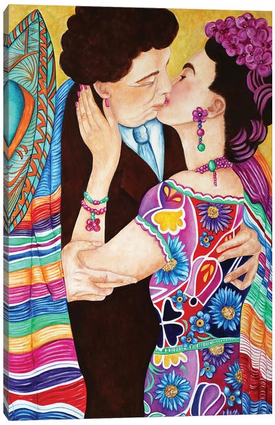 Their Kiss - Frida And Diego Canvas Art Print - Frida Kahlo