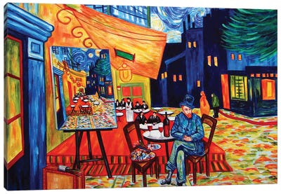 Van Gogh Painting His Cafe Terrace At Night Canvas Art Print - All Things Van Gogh