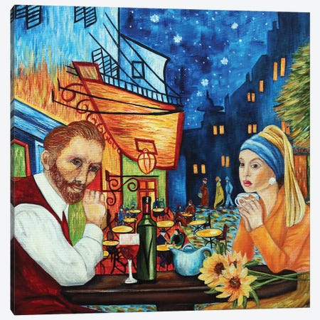 Van Gogh & The Girl With The Peral Earring At Cafe Terrace Canvas Print #KMM115} by k Madison Moore Art Print