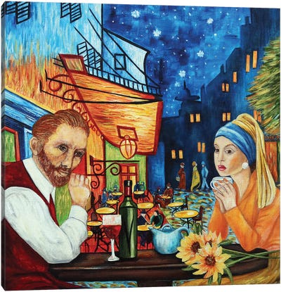Van Gogh & The Girl With The Peral Earring At Cafe Terrace Canvas Art Print - Girl with a Pearl Earring Reimagined