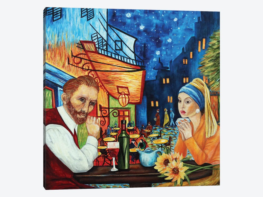 Van Gogh & The Girl With The Peral Earring At Cafe Terrace by k Madison Moore 1-piece Canvas Print