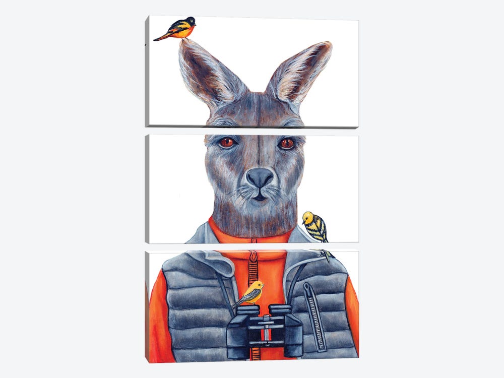 Joey Butterooco The Bird Watcher Kangaroo - The Hipster Animal Gang by k Madison Moore 3-piece Canvas Wall Art