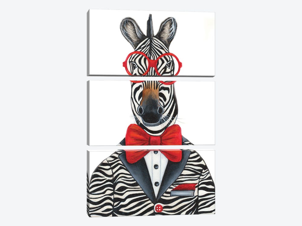 Mr. Zebra Spiffy Dude - The Hipster Animal Gang by k Madison Moore 3-piece Canvas Art Print
