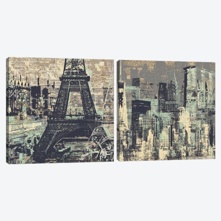 Je t'aime Paris and New York Diptych Canvas Print Set #KMR2HSET001} by Kyle Mosher Canvas Art