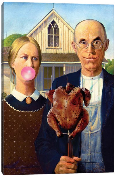American Gothic With Chicken Canvas Art Print - Bubble Gum