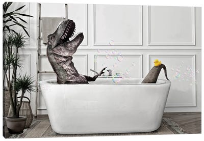 Happy Dino Canvas Art Print - Bathroom Humor Art