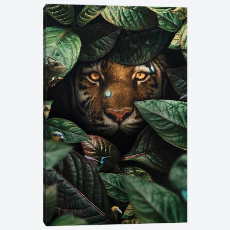 Tiger In Leaves Canvas Print #KNV66} by Milos Karanovic Canvas Art