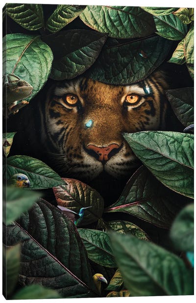 Tiger In Leaves Canvas Art Print - Milos Karanovic