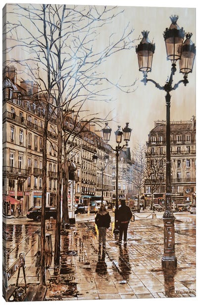 A Walk in the Rain-Paris Canvas Art Print - Keith Oelschlager