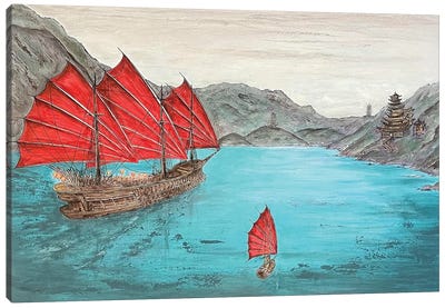 Three Reds - Junk Ship Canvas Art Print - Koorosh Nejad