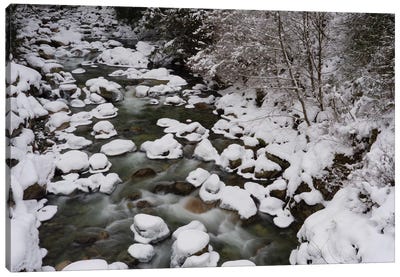 Long Exposure Of River In Winter In Squamish, British Columbia, Canada Canvas Art Print - British Columbia Art