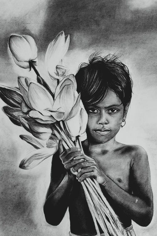 Charcoal Girl With Flowers Portrait