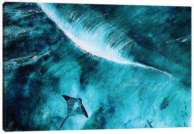 Watercolour Wave And Manta Ray Canvas Art Print - Ray & Stingray Art