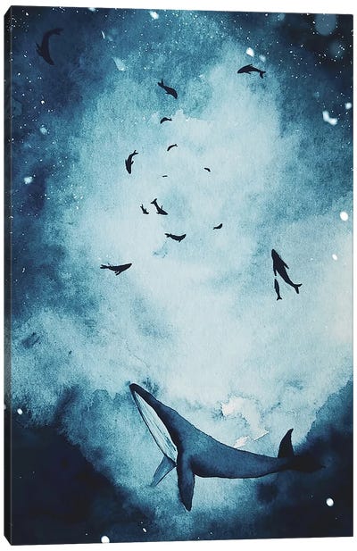 Snowy Whales In The Deep Canvas Art Print - Turquoise Art