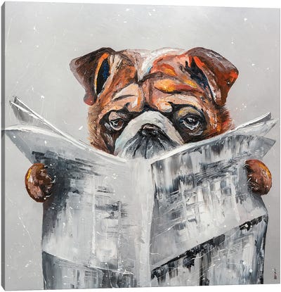 Bulldog's News Canvas Art Print - Reading Art