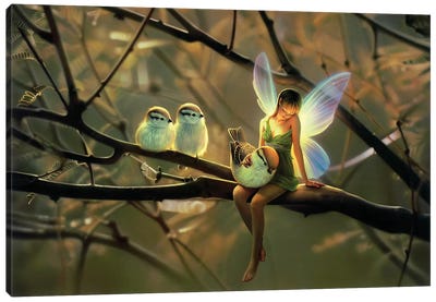 Feathered Friends, Night Canvas Art Print - Best Selling Fantasy Art