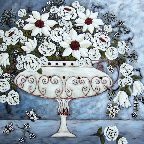 Butterflies and Flowers: White Still Life With Butterflies by Karen Rieger