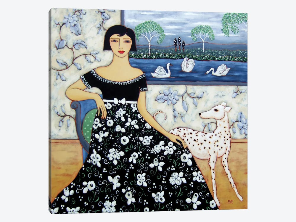 Woman With Birch Trees And Swan by Karen Rieger 1-piece Canvas Art Print