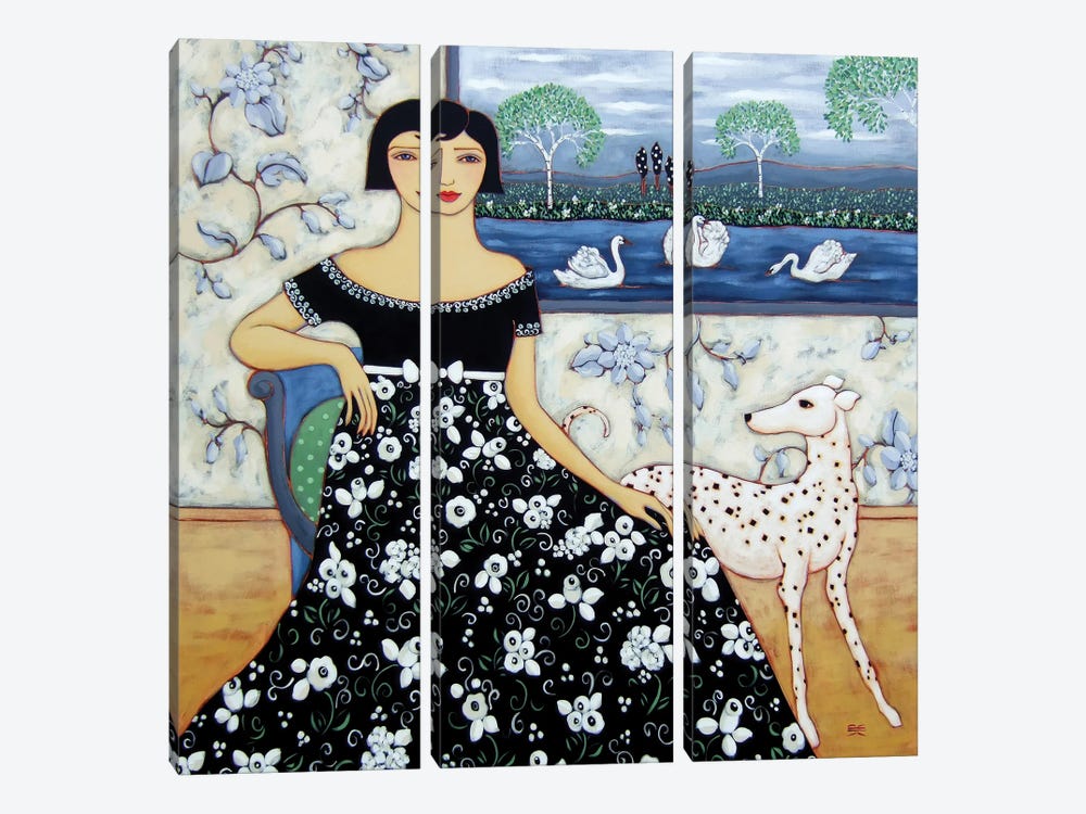 Woman With Birch Trees And Swan by Karen Rieger 3-piece Canvas Print