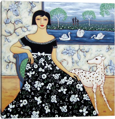 Woman With Birch Trees And Swan Canvas Art Print - Dalmatian Art