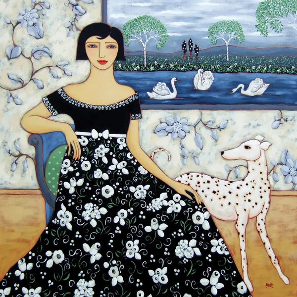 Dalmatians: Woman With Birch Trees And Swan by Karen Rieger