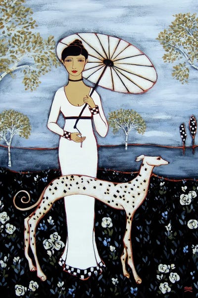 Dalmatians: Woman With Birches And Dalmatian by Karen Rieger