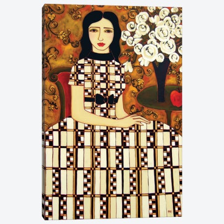 Woman With Ivory Roses And Apple Canvas Print #KRG19} by Karen Rieger Canvas Artwork