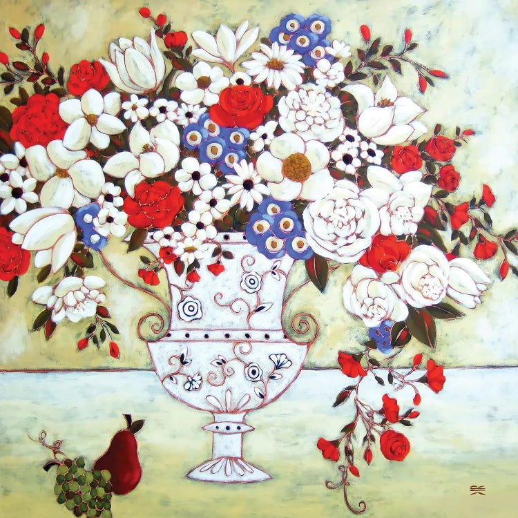 Blooms With Ivory Vase And Pear