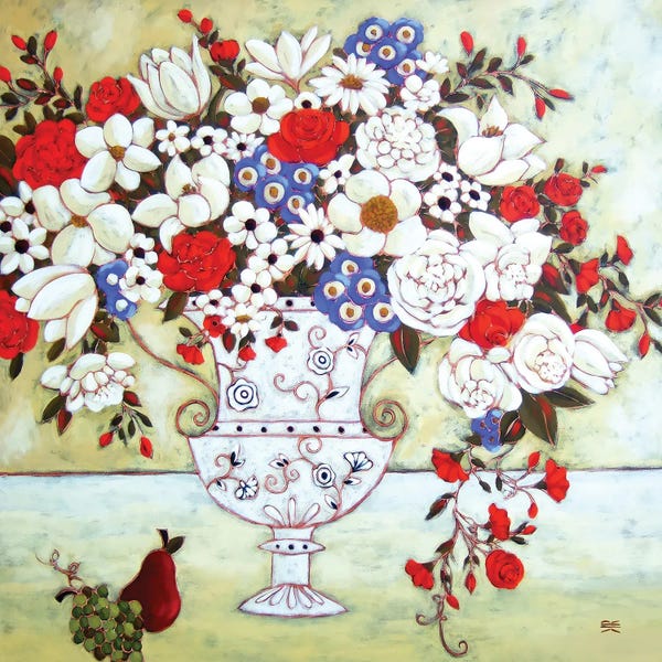 Dining Room: Blooms With Ivory Vase And Pear by Karen Rieger