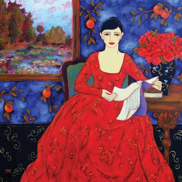 Reading: Woman With Landscape And Oranges by Karen Rieger