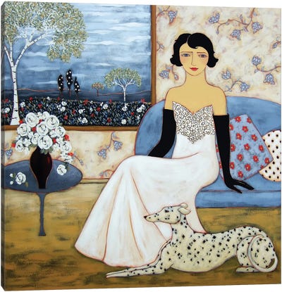 Woman With Landscape And White Roses Canvas Art Print - Floral Portrait Art