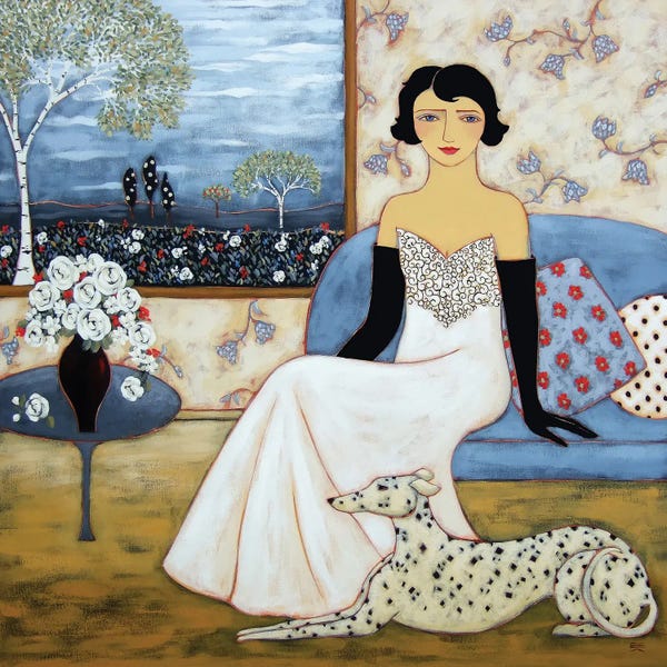 Dalmatians: Woman With Landscape And White Roses by Karen Rieger