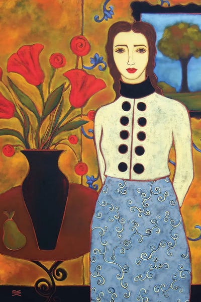 Woman With Tulips And Landscape by Karen Rieger metal wall art