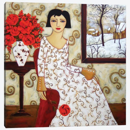 Woman With Winter Landscape And Rose Canvas Print #KRG26} by Karen Rieger Canvas Artwork