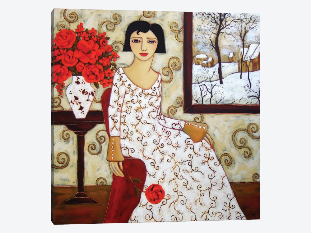 Woman With Winter Landscape And Rose by Karen Rieger 1-piece Canvas Print