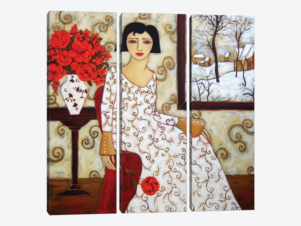 Woman With Winter Landscape And Rose by Karen Rieger 3-piece Canvas Print