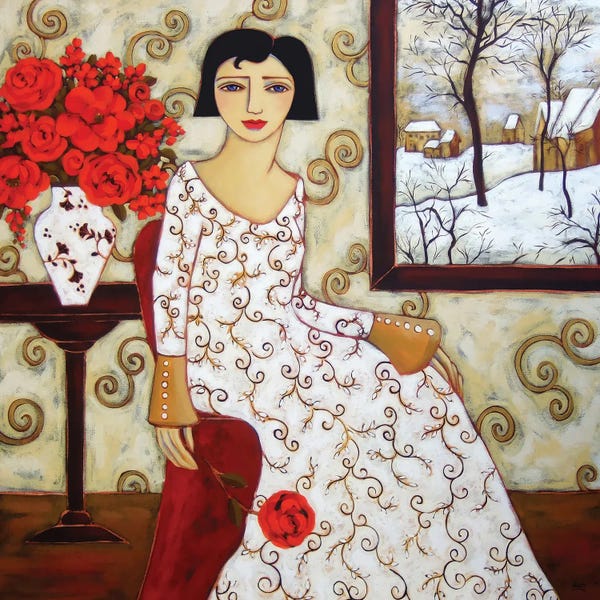 Woman With Winter Landscape And Rose