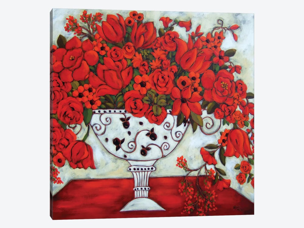 Ivory Vase With Red Tulips by Karen Rieger 1-piece Canvas Art