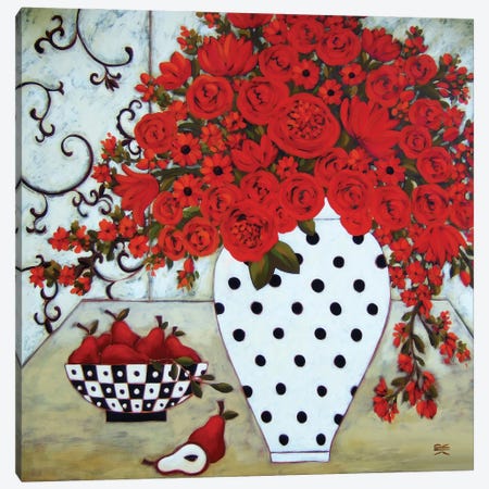 Pears And Red Blooms With Polka Dot Vase Canvas Print #KRG6} by Karen Rieger Canvas Wall Art