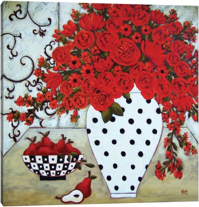 Pears And Red Blooms With Polka Dot Vase Canvas Art Print - Pear Art