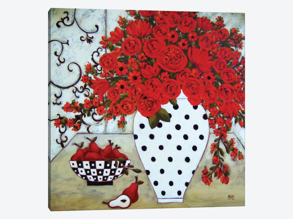 Pears And Red Blooms With Polka Dot Vase by Karen Rieger 1-piece Canvas Print