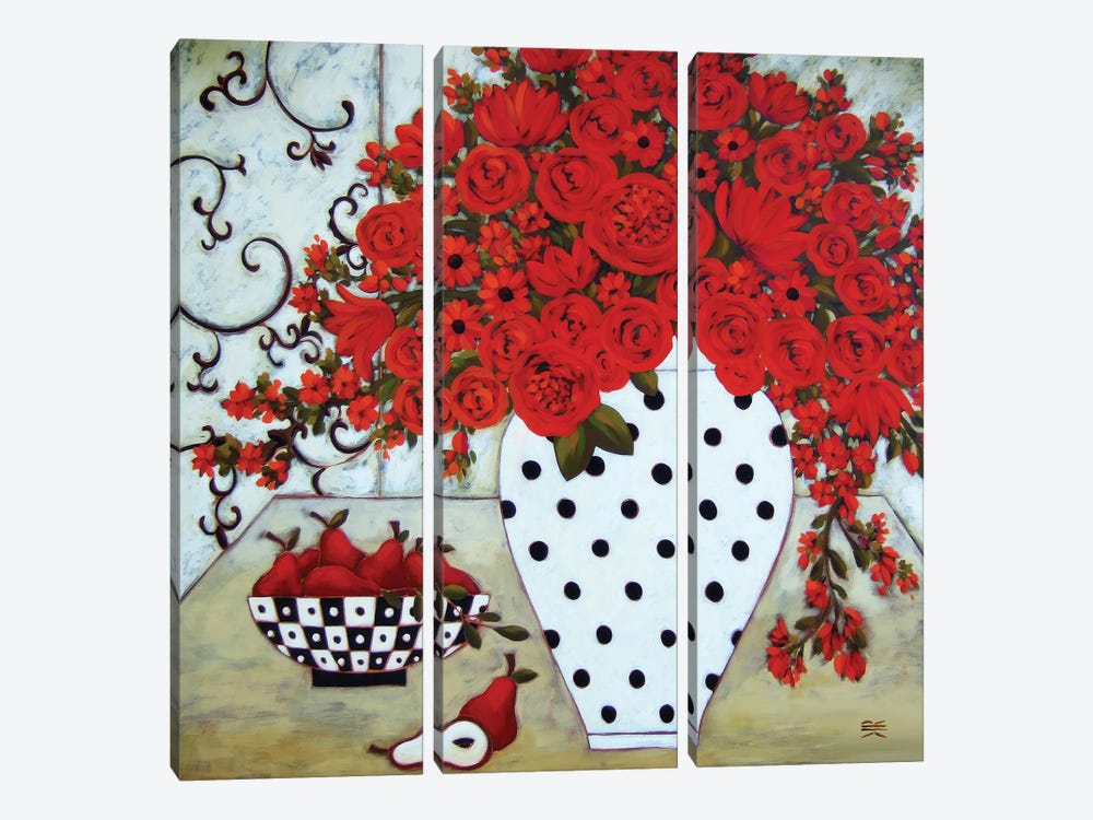 Pears And Red Blooms With Polka Dot Vase by Karen Rieger 3-piece Art Print