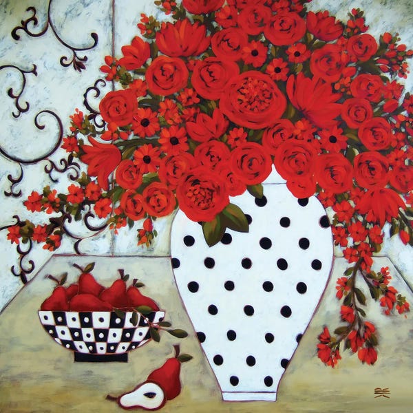 Polka Dot: Pears And Red Blooms With Polka Dot Vase by Karen Rieger