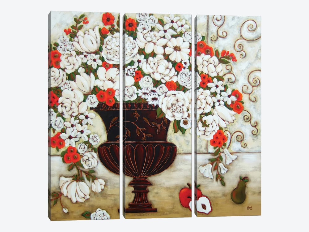 Red And White Blooms With Apples And Pear by Karen Rieger 3-piece Canvas Print