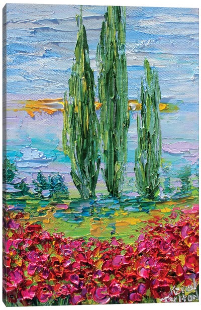 Provence Poppies Landscape Canvas Art Print - Cypress Trees