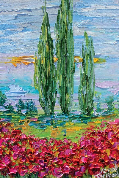 Cypress Trees: Provence Poppies Landscape by Karen Tarlton